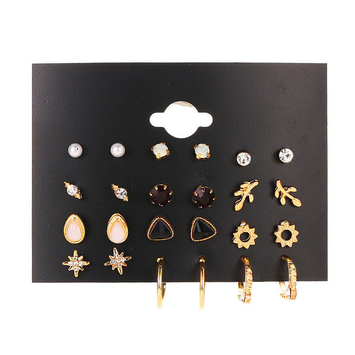 1 Set Mode-Dreieck-Kreis-Schmetterling-Synthetik-Metall-Kupfer-asymmetrisches Inlay-künstliche Perlen-Strass-Zirkon-18-Karat-Gold-plattierte vergoldete versilberte Damen-Ohrringe