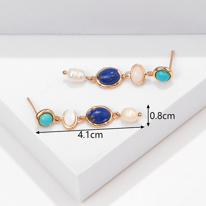 1 Pair Retro Streetwear Oval Copper Plating Inlay Artificial Pearls Turquoise Gold Plated Drop Earrings
