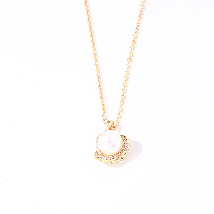Sweet Geometric Round Stainless Steel Copper Plating Inlay Pearl Zircon Gold Plated Earrings Necklace