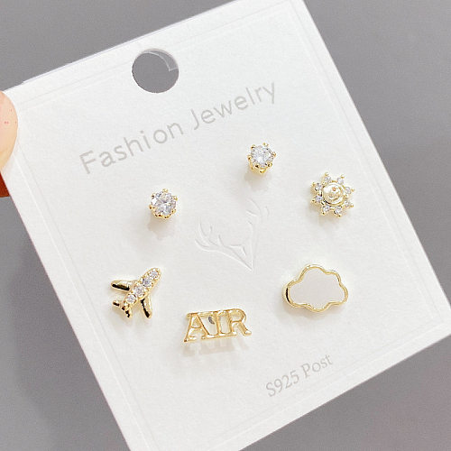Sweet Clouds Sun Airplane Copper Ear Studs Asymmetrical Inlay Zircon Copper Earrings 3 Pairs