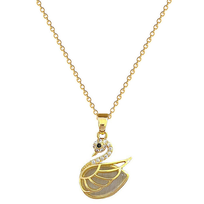 Casual Simple Style Swan Titanium Steel Copper Plating Hollow Out Inlay Opal Zircon Pendant Necklace