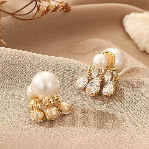 1 Paar elegante, schlichte, geometrische Perlen-Inlay-Kupfer-Perlen-Zirkon-Tropfenohrringe