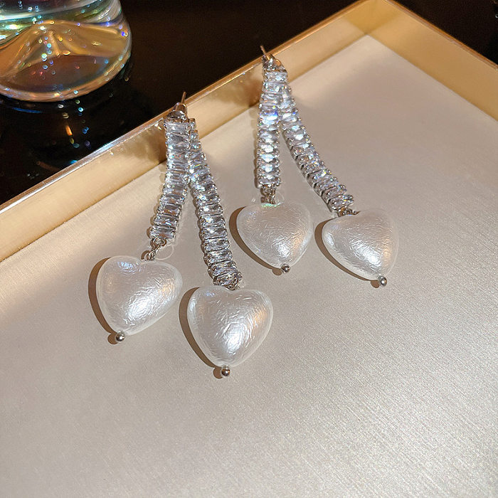 Boucles d'oreilles en forme de cœur, 1 paire, nœud de fleur, placage de cuivre, perles artificielles, Zircon