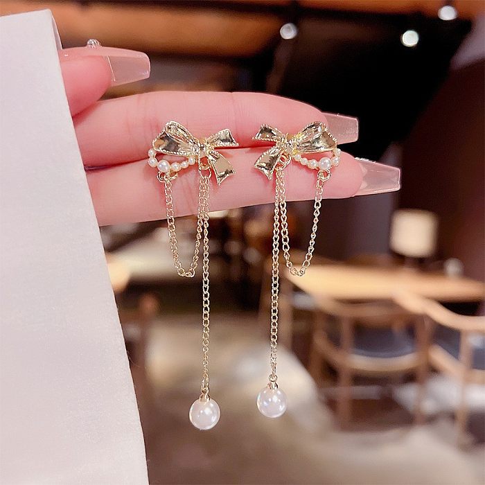 Fashion Tassel Heart Shape Bow Knot Imitation Pearl Copper Inlay Rhinestones Drop Earrings 1 Pair