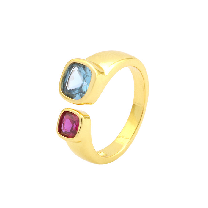 Luxurious Square Water Droplets Copper Plating Inlay Zircon 18K Gold Plated Open Rings