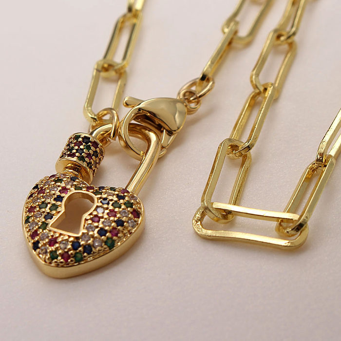 Estilo moderno forma de coração bloqueio cobre chapeamento inlay zircão banhado a ouro pulseiras colar