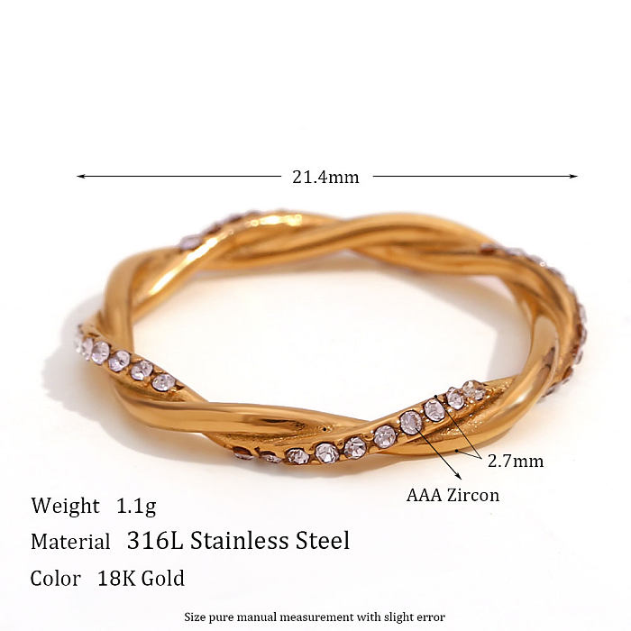 Simple Style Solid Color Stainless Steel Plating Inlay Rhinestones 18K Gold Plated Rings