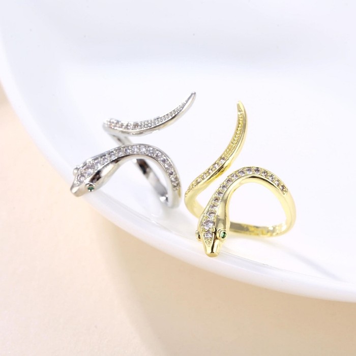 Simple Style Snake Copper Inlay Zircon Open Rings