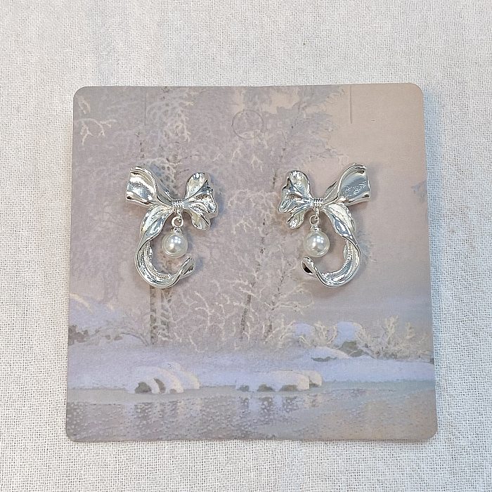 1 paire de boucles d'oreilles en cuivre plaqué de perles, Style Simple et doux, nœud papillon
