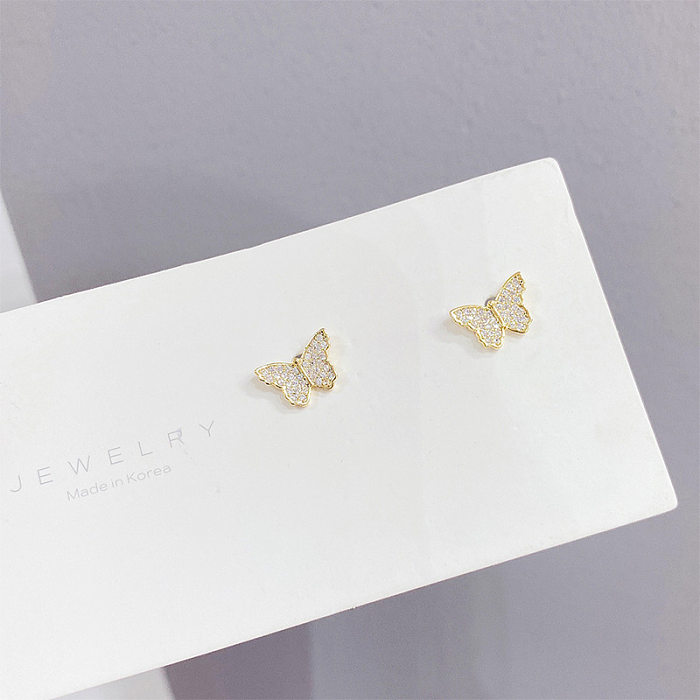 Sweet Butterfly Copper Ear Studs Gold Plated Zircon Copper Earrings 3 Pairs