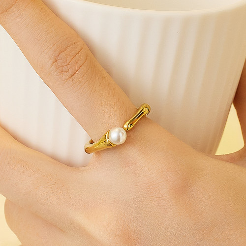 Anéis abertos banhados a ouro 18K com pérola de aço inoxidável de cor sólida feminina