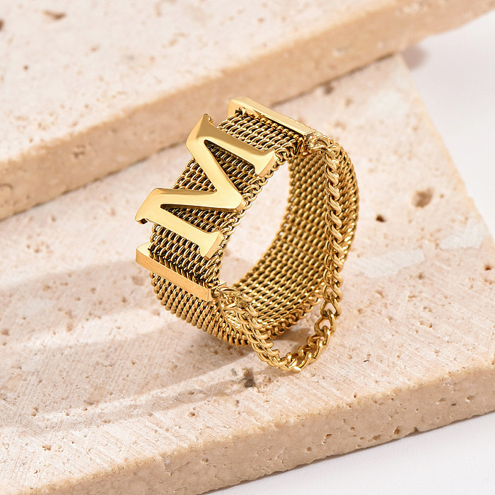 Hip-Hop Punk Letter Stainless Steel Patchwork Plating 14K Gold Plated Wide Band Ring