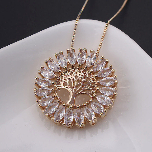Vintage Style Round Tree Copper Polishing Plating Inlay Zircon 18K Gold Plated Pendant Necklace