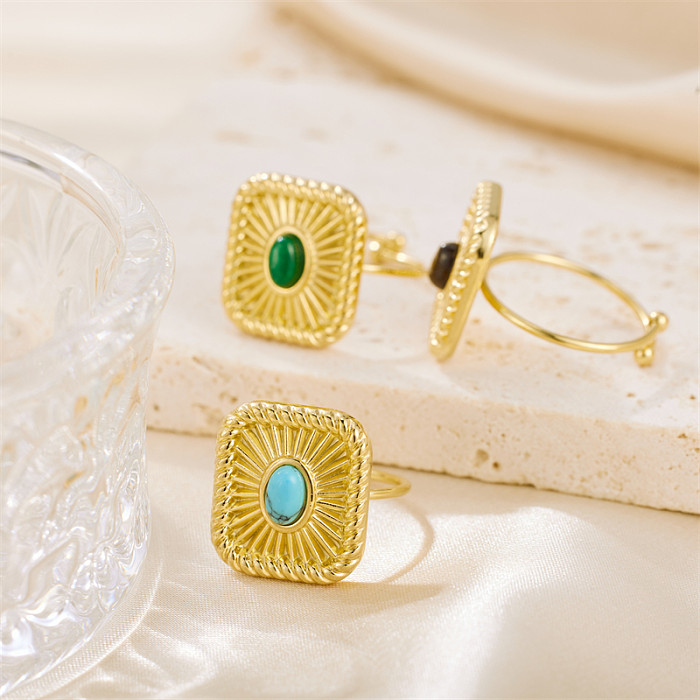Anéis abertos banhados a ouro 18K turquesa com revestimento de aço inoxidável quadrado estilo vintage