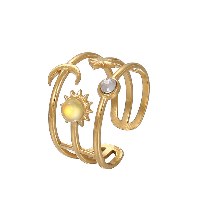 Elegante brilhante estrela lua titânio chapeamento de aço incrustação turquesa banhado a ouro anéis abertos