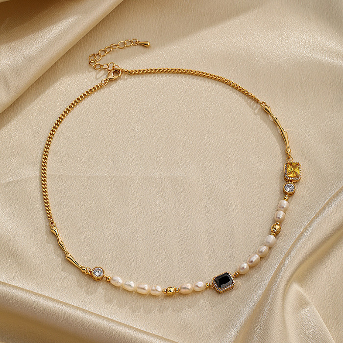 Retro-Halskette mit rechteckiger Kupferperlenbeschichtung und Zirkon-Inlay, 18 Karat vergoldet