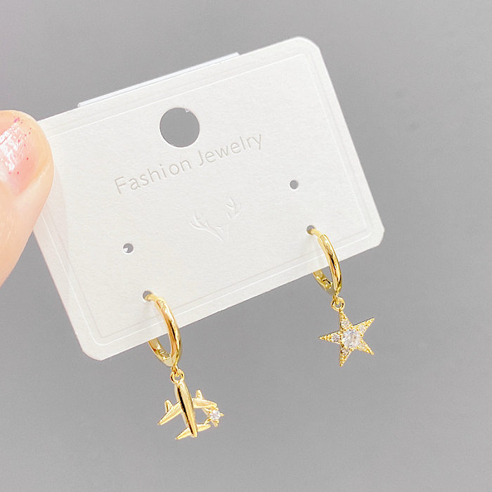 Sweet Star Key Airplane Copper Drop Earrings Asymmetrical Inlay Zircon Copper Earrings 3 Pairs