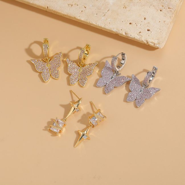 Boucles d'oreilles pendantes élégantes et luxueuses, Style classique, étoile géométrique, papillon, incrustation de cuivre et de Zircon plaqué or 1K, 14 pièce