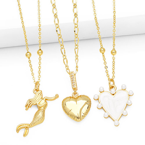 IG Style Fashion Heart Shape Mermaid Copper Plating Inlay Zircon 18K Gold Plated Necklace