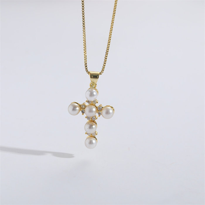 1 Piece Fashion Cross Copper Chain Inlay Pearl Zircon Pendant Necklace