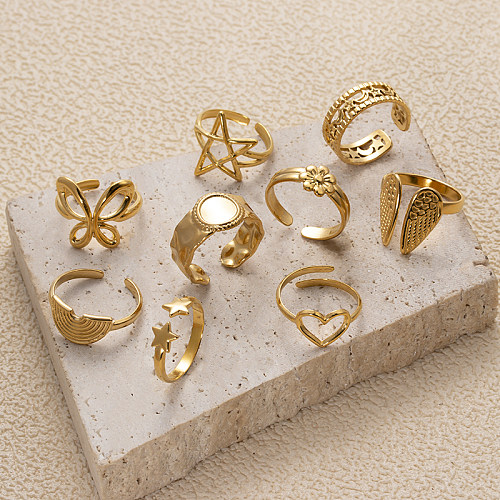 Pentagrama retrô formato de coração borboleta chapeamento de aço inoxidável oco anel aberto banhado a ouro 18K
