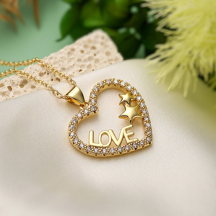 Simple Style Commute Letter Star Heart Shape Copper Plating Inlay Zircon 18K Gold Plated Pendant Necklace