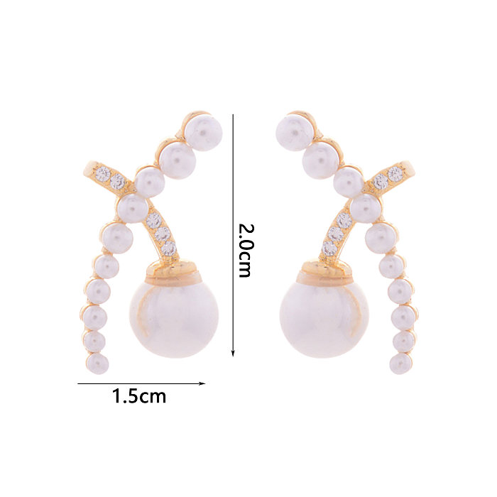 1 paire de clous d'oreilles plaqués or 14 carats, Style Simple et doux, incrustation de placage croisé en cuivre, perles artificielles en Zircon
