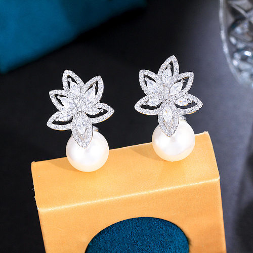 1 Paar elegante süße Blätter mit Inlay aus Kupfer, künstliche Perlen, künstlicher Diamant, rhodiniert, versilbert, Tropfenohrringe