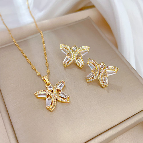 Sweet Butterfly Titanium Steel Copper Plating Inlay Artificial Gemstones Gold Plated Earrings Necklace