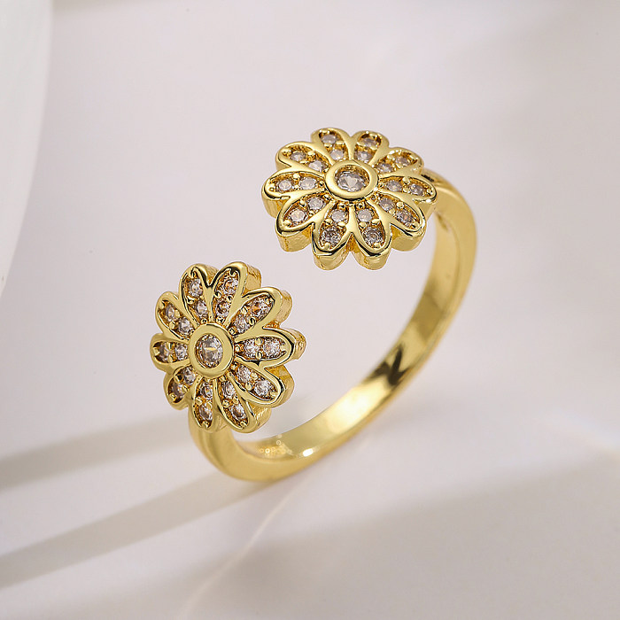 خاتم مفتوح من النحاس المطلي بالذهب عيار 18 قيراط على شكل زهرة بسيطة من الزركون بكميات كبيرة