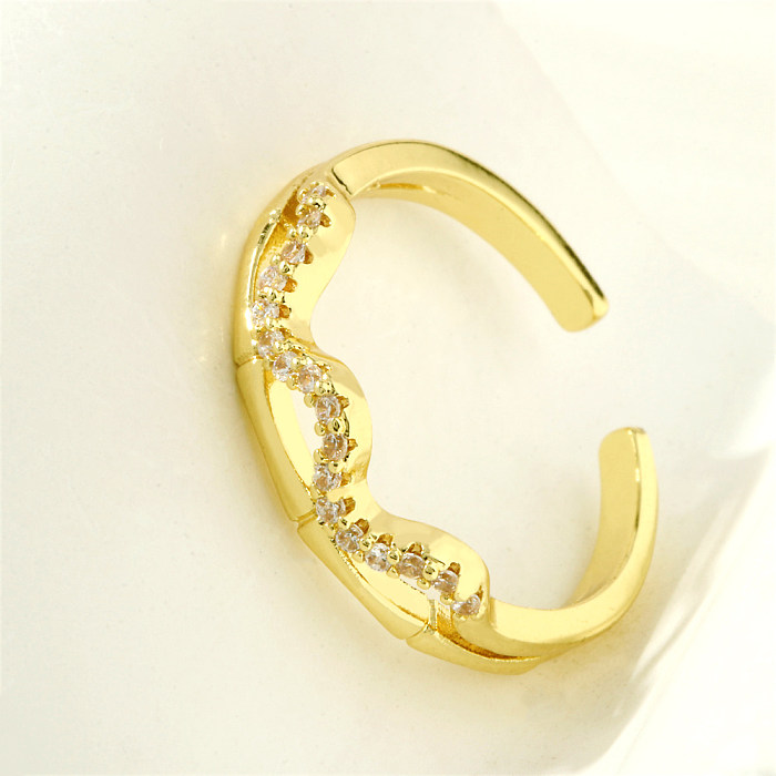 Lignes de style simple, incrustation de cuivre, anneaux ouverts plaqués or 18 carats avec Zircon