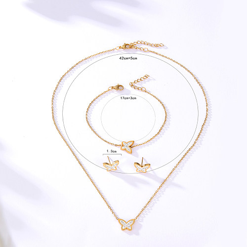 Modisches einfaches Edelstahl-galvanisiertes 18-karätiges Gold-Schmetterlings-Bolzen-Armband-Halsketten-3-teiliges Set