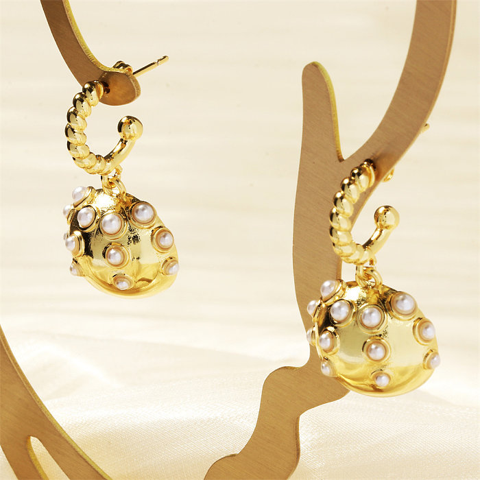 1 Pair Retro Geometric Plating Inlay Copper Artificial Pearls Zircon 18K Gold Plated Drop Earrings