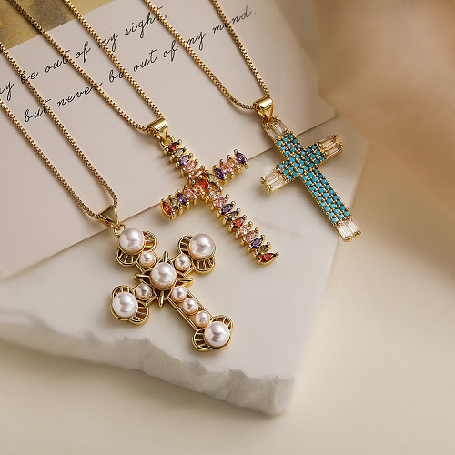 Collier pendentif plaqué or 18 carats avec incrustation de perles artificielles en cuivre et croix de transport de Style Simple