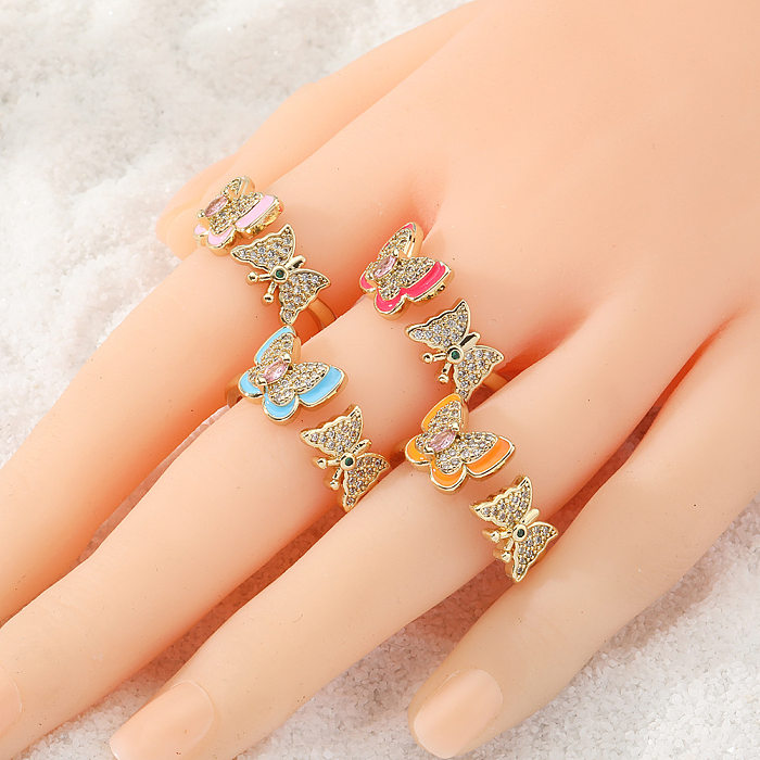 IG Style Commute Butterfly Copper Enamel Plating Inlay Zircon Gold Plated Open Rings