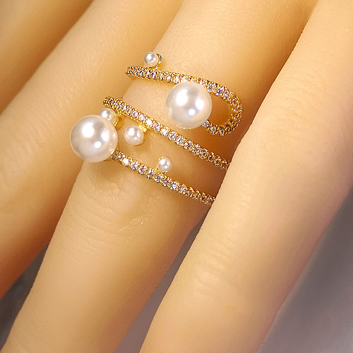 IG Style Luxurious Commute Geometric Copper Inlay Artificial Pearls Rhinestones Gold Plated Open Rings