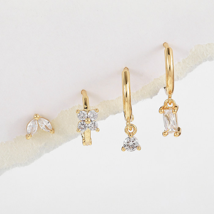 1 Set Casual Simple Style Round Square Flower Plating Inlay Brass Zircon 18K Gold Plated Earrings