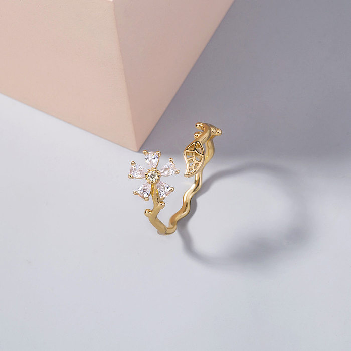 Fashion Geometric Zircon Flower Leaves Copper Opening Adjustable Ring