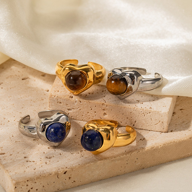 Comute anéis abertos banhados a ouro 18K com pedra natural em formato de coração em aço inoxidável