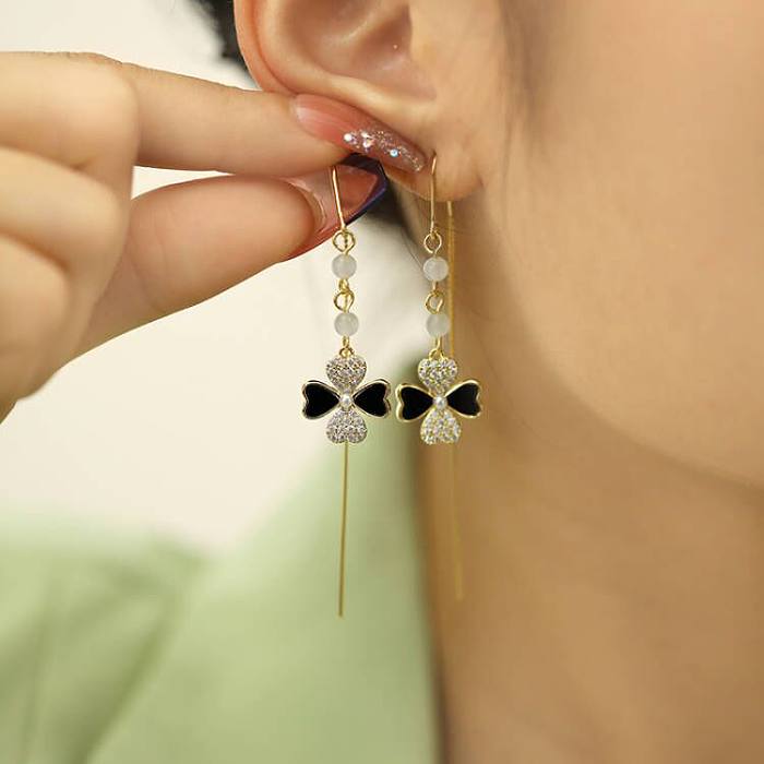 1 Pair IG Style Casual Four Leaf Clover Plating Inlay Copper Shell Zircon 14K Gold Plated Ear Line
