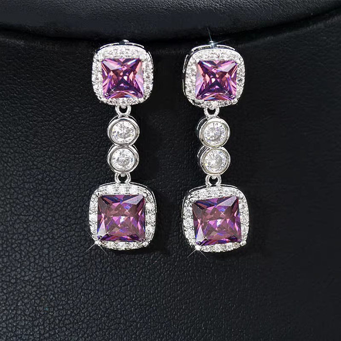 Lady Romantic Shiny Square Copper Inlay Zircon Earrings Necklace