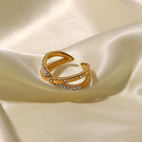 Modischer, einfarbiger offener Ring aus Edelstahl mit Inlay und künstlichem Diamant, 1 Stück