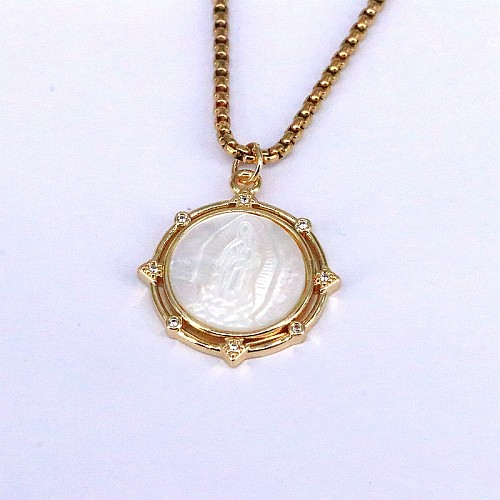 Simple Style Human Round Copper Plating Inlay Shell Zircon 18K Gold Plated Pendant Necklace