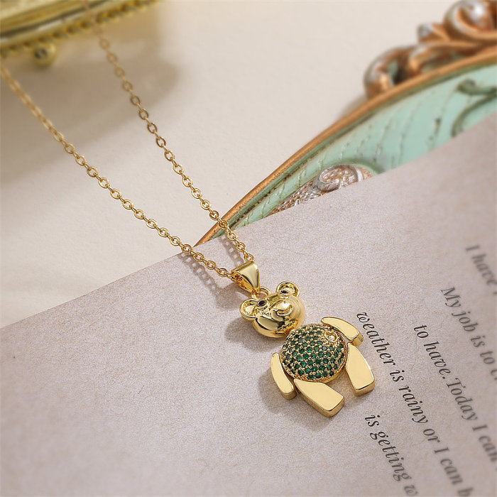 Simple Style Little Bear Copper Plating Inlay Zircon Gold Plated Pendant Necklace