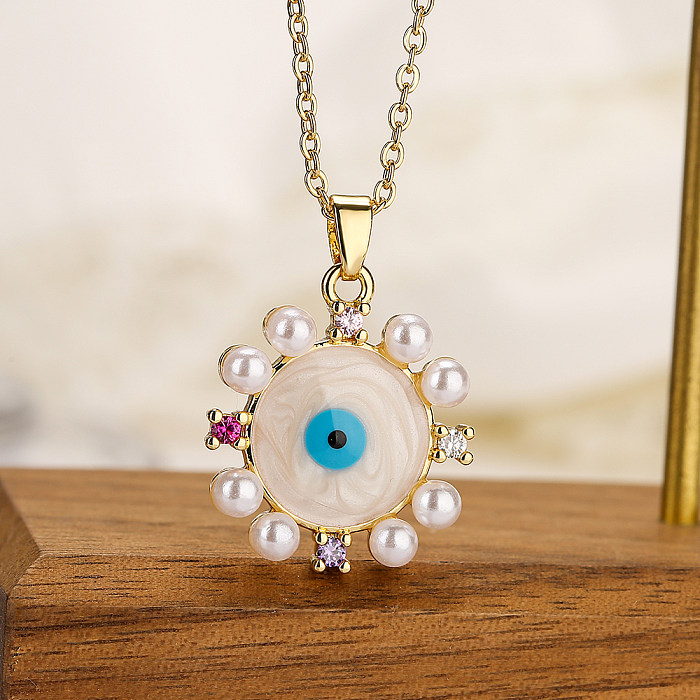 Modern Style Artistic Devil'S Eye Flower Copper 18K Gold Plated Artificial Pearls Zircon Pendant Necklace In Bulk