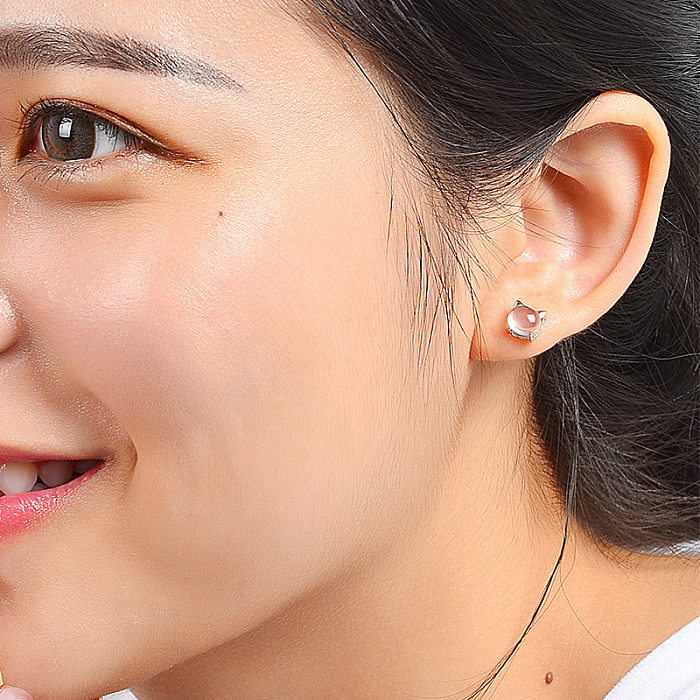 Cute Cat Copper Ear Studs Inlay Natural Stone Copper Earrings 1 Pair
