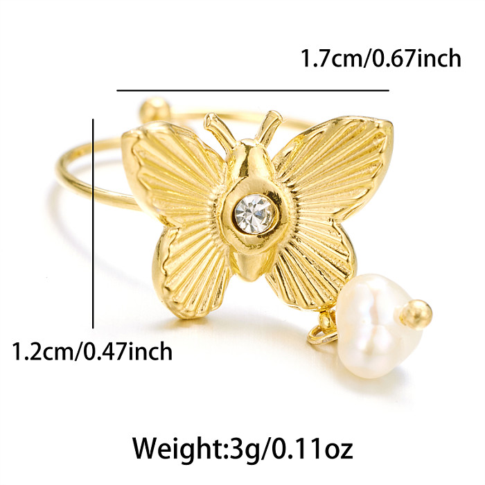Sweet Artistic Butterfly Stainless Steel Plating Inlay Rhinestones 18K Gold Plated Rings