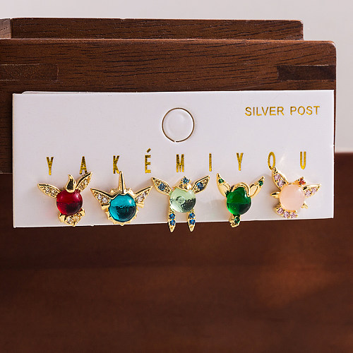 Cute Simple Style Cartoon Copper Asymmetrical Zircon 14K Gold Plated Drop Earrings