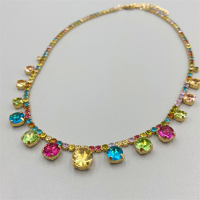 Retro Colorful Brass Plating Inlay Rhinestones 18K Gold Plated Necklace