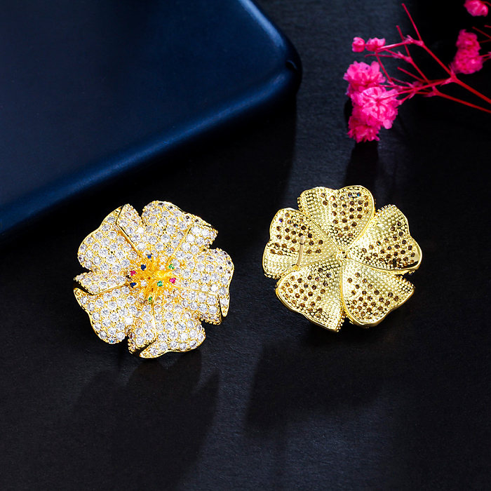 1 Pair Glam Wedding Shiny Round Plant Flower Plating Hollow Out Inlay Copper Zircon 18K Gold Plated Gold Plated Ear Studs